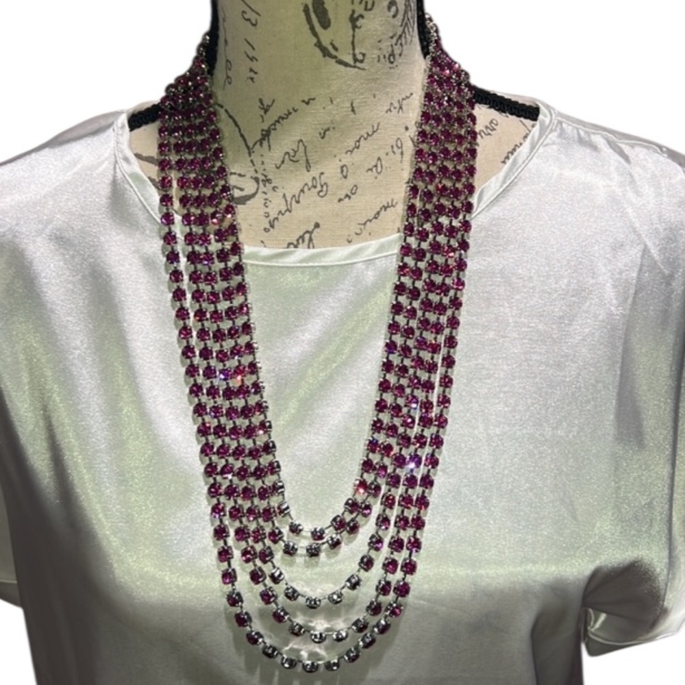 1305 Cara New York Elegant Fuschia and Silver Multi-Layer Necklace‎ 28”